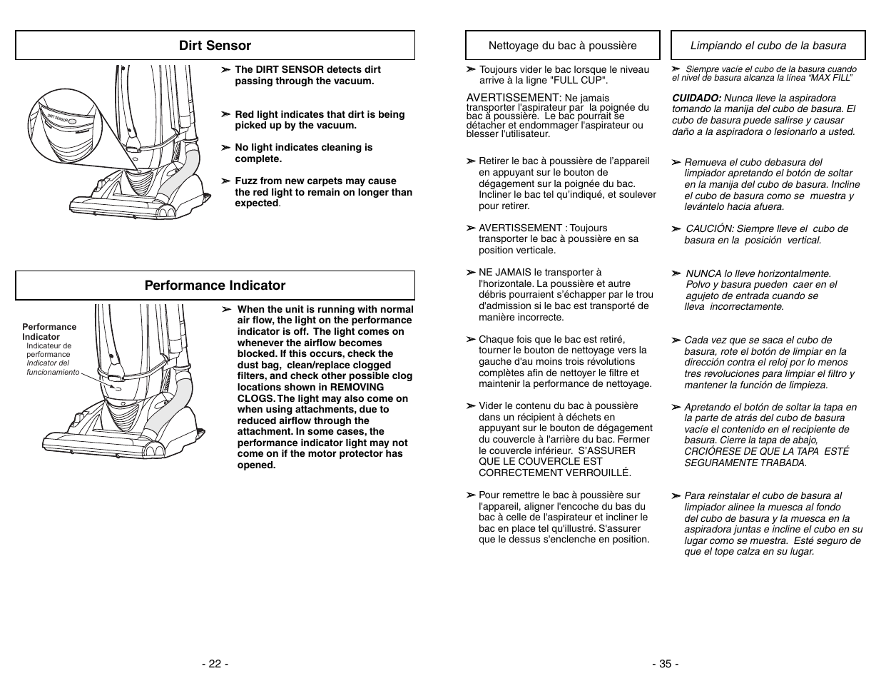 Nettoyage du bac a poussiere, Limpiando el cubo de la basura, Dirt sensor performance indicator | Panasonic MC-V7582 User Manual | Page 35 / 56