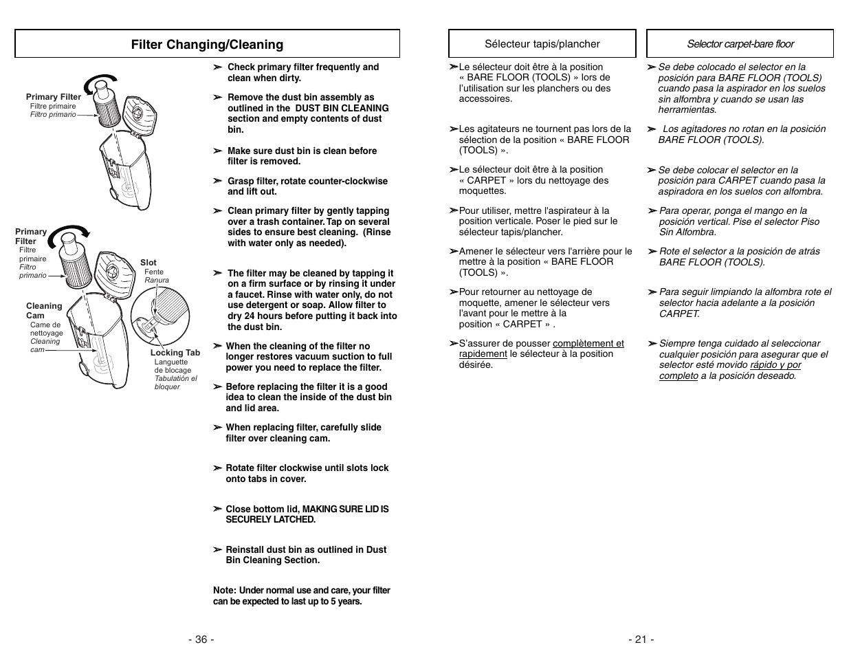 Filter changing/cleaning | Panasonic MC-V7582 User Manual | Page 36 / 56