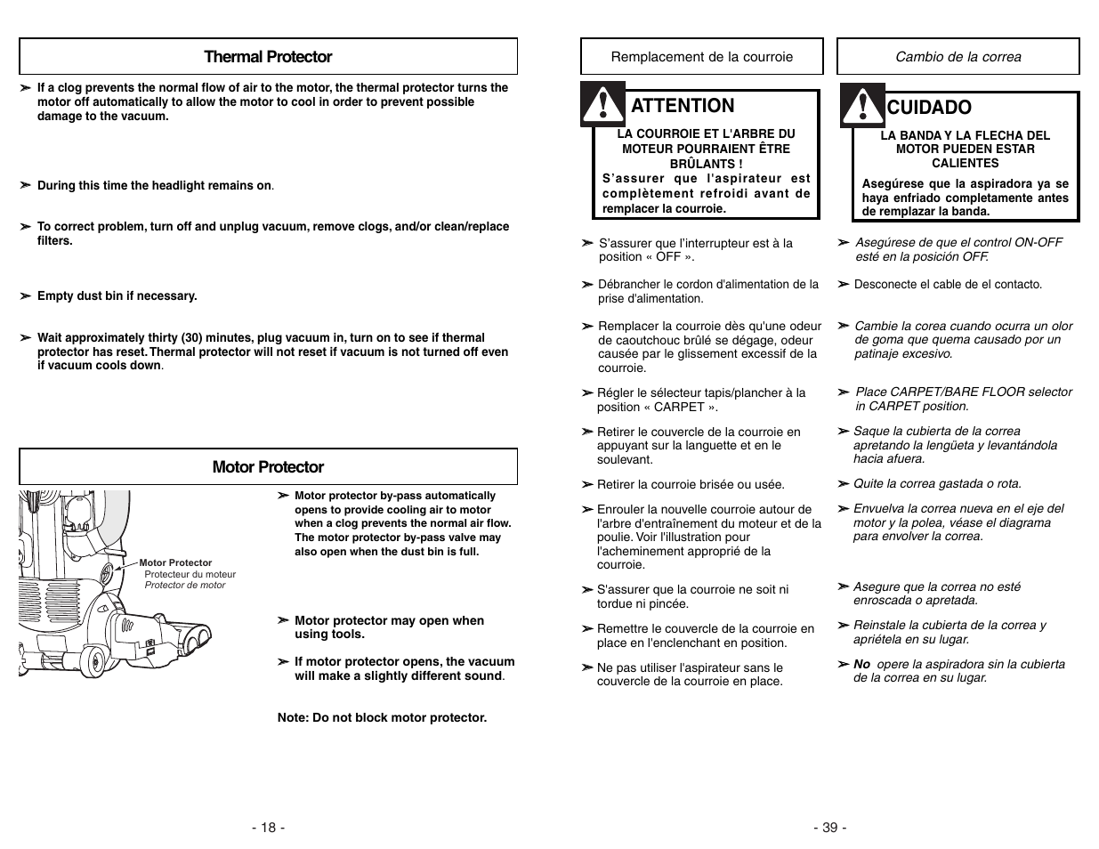 Remplacement de la courroie, Cambio de la correa, Attention | Cuidado | Panasonic MC-V7582 User Manual | Page 39 / 56