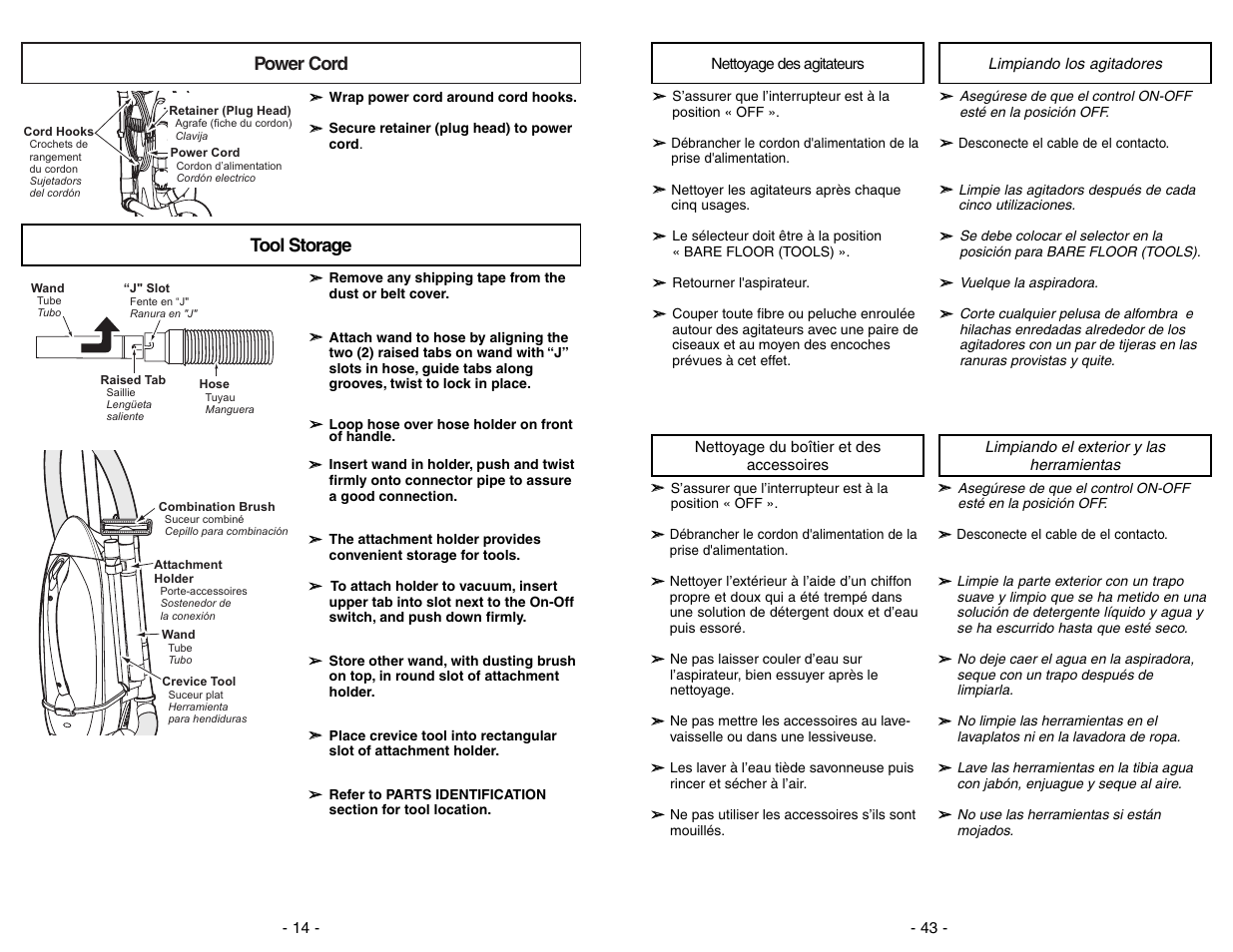 Nettoyage des agitateurs, Nettoyage du boitier et des accesoires, Limpieza del agitador | Limpieza del exterior y de los herramientas, Power cord, Tool storage | Panasonic MC-V7582 User Manual | Page 43 / 56