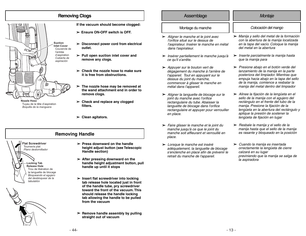 Removing clogs, Removing handle, Assemblage | Montaje | Panasonic MC-V7582 User Manual | Page 44 / 56