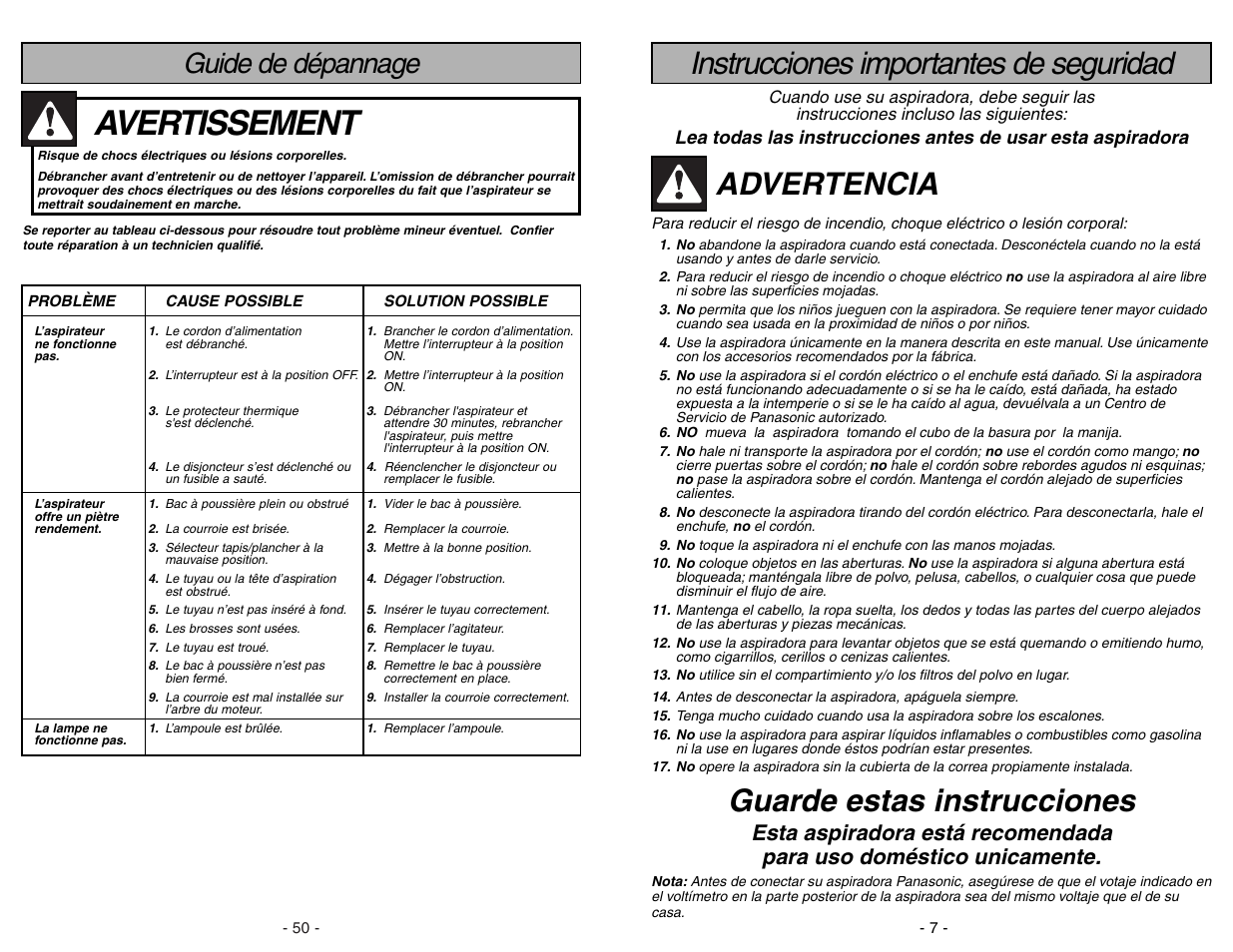 Guide de depannage, Avertissement, Instrucciones importantes de seguridad | Advertencia, Guarde estas instrucciones, Guide de dépannage | Panasonic MC-V7582 User Manual | Page 50 / 56