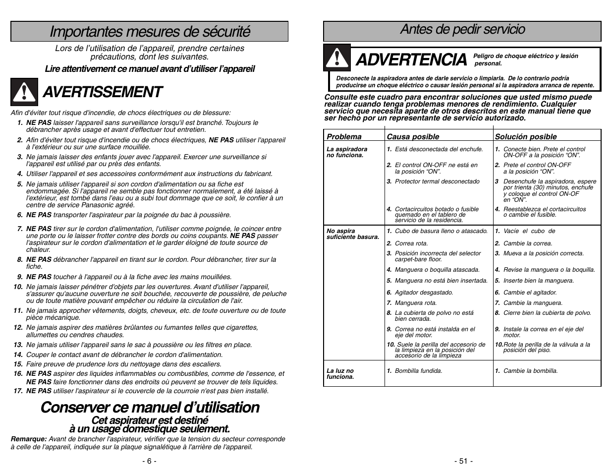 Antes de pedir servicio, Advertencia, Importantes mesures de sécurité | Avertissement, Conserver ce manuel d’utilisation | Panasonic MC-V7582 User Manual | Page 51 / 56