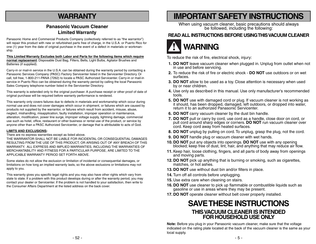 Warranty, Warning, Save these instructions | Important safety instructions | Panasonic MC-V7582 User Manual | Page 52 / 56