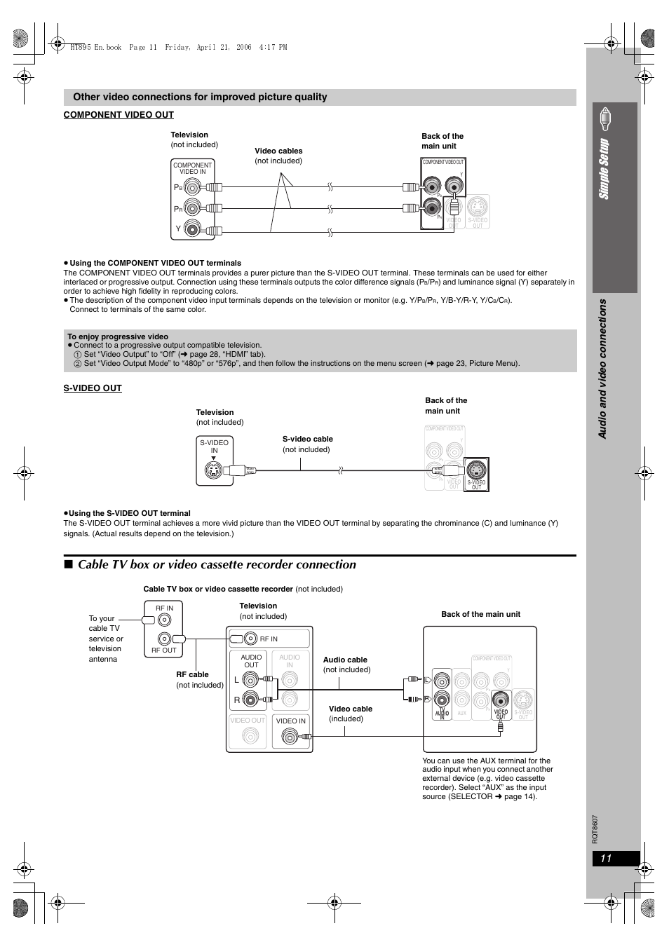 Cable tv box or video cassette recorder connection, 11 simple se tu p, Audio and vide o c onne ction s | Panasonic SC-HT895 User Manual | Page 11 / 44