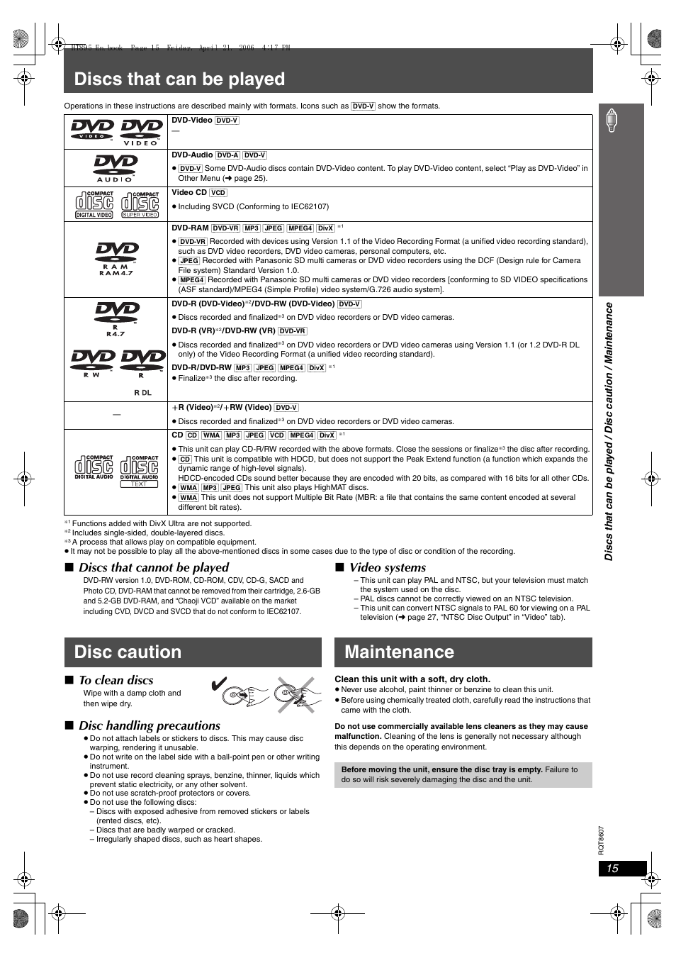 Discs that can be played, Disc caution maintenance, Discs that cannot be played | Video systems, Disc handling precautions | Panasonic SC-HT895 User Manual | Page 15 / 44