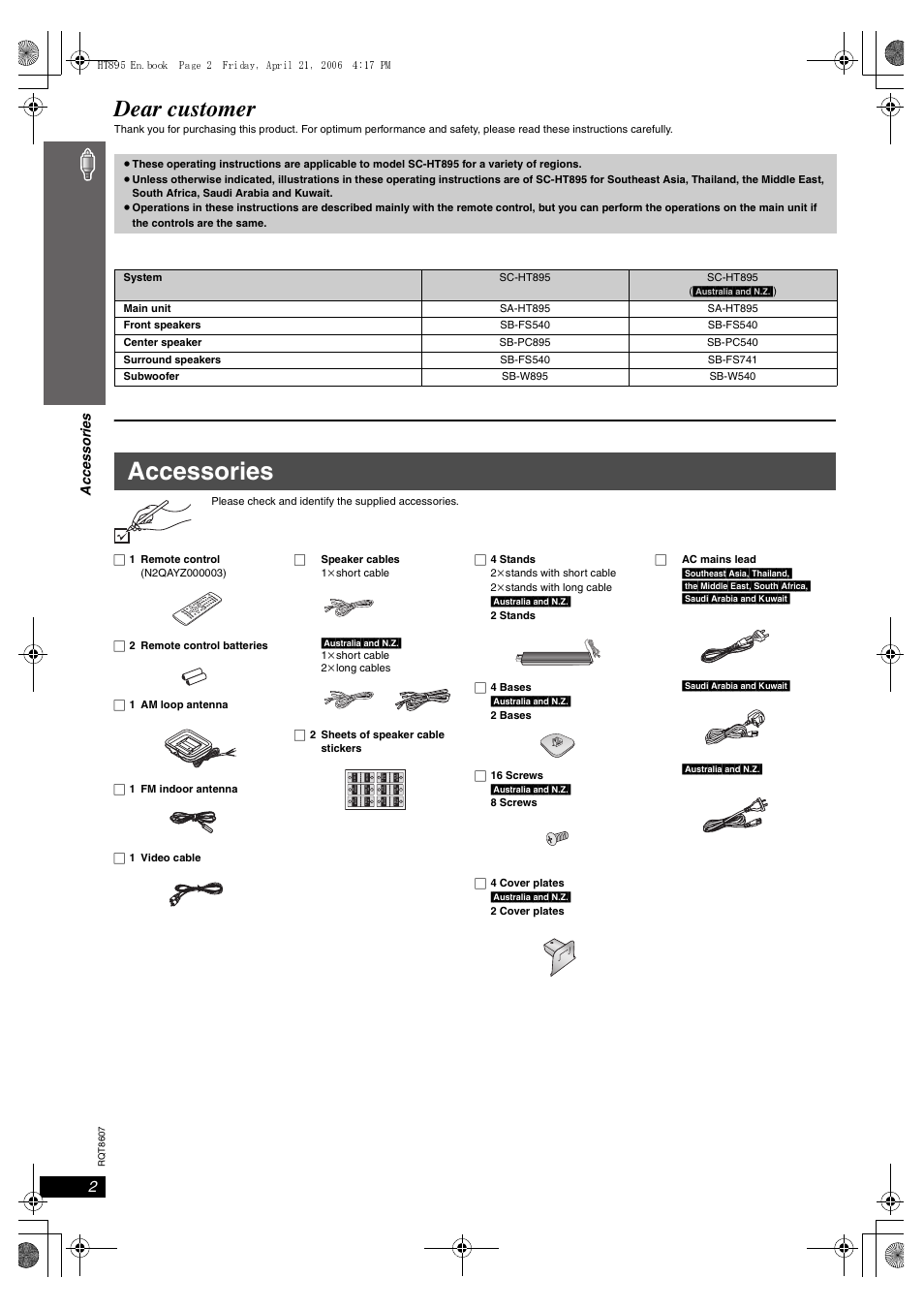 Accessories, Dear customer, Ac ces sor ie s | Panasonic SC-HT895 User Manual | Page 2 / 44