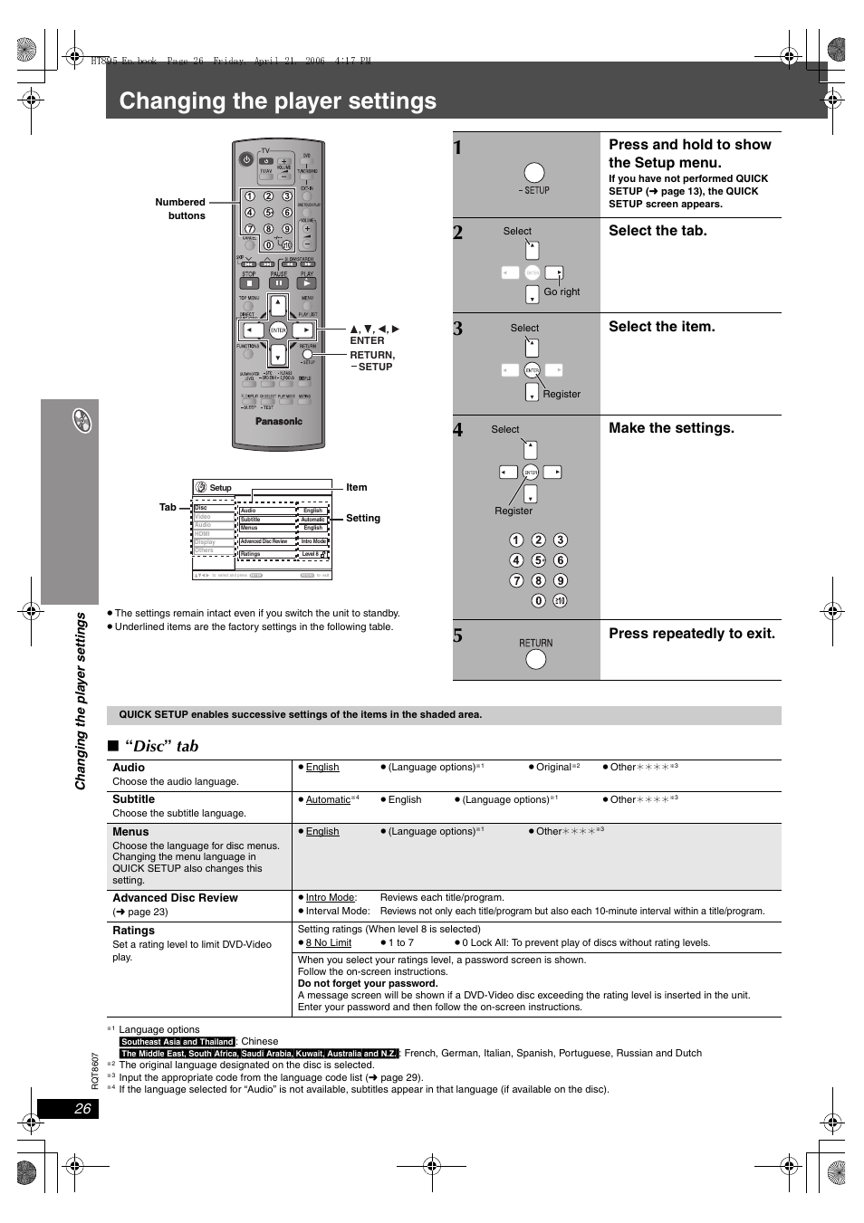 Changing the player settings, Disc ” tab, Press and hold to show the setup menu | Select the tab, Select the item, Make the settings, Press repeatedly to exit | Panasonic SC-HT895 User Manual | Page 26 / 44