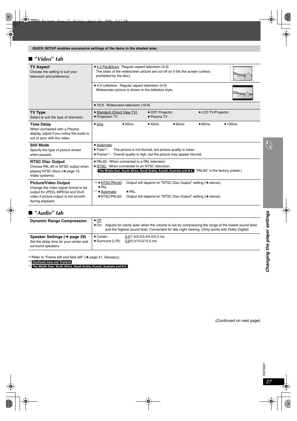 Video ” tab ∫ “ audio ” tab | Panasonic SC-HT895 User Manual | Page 27 / 44