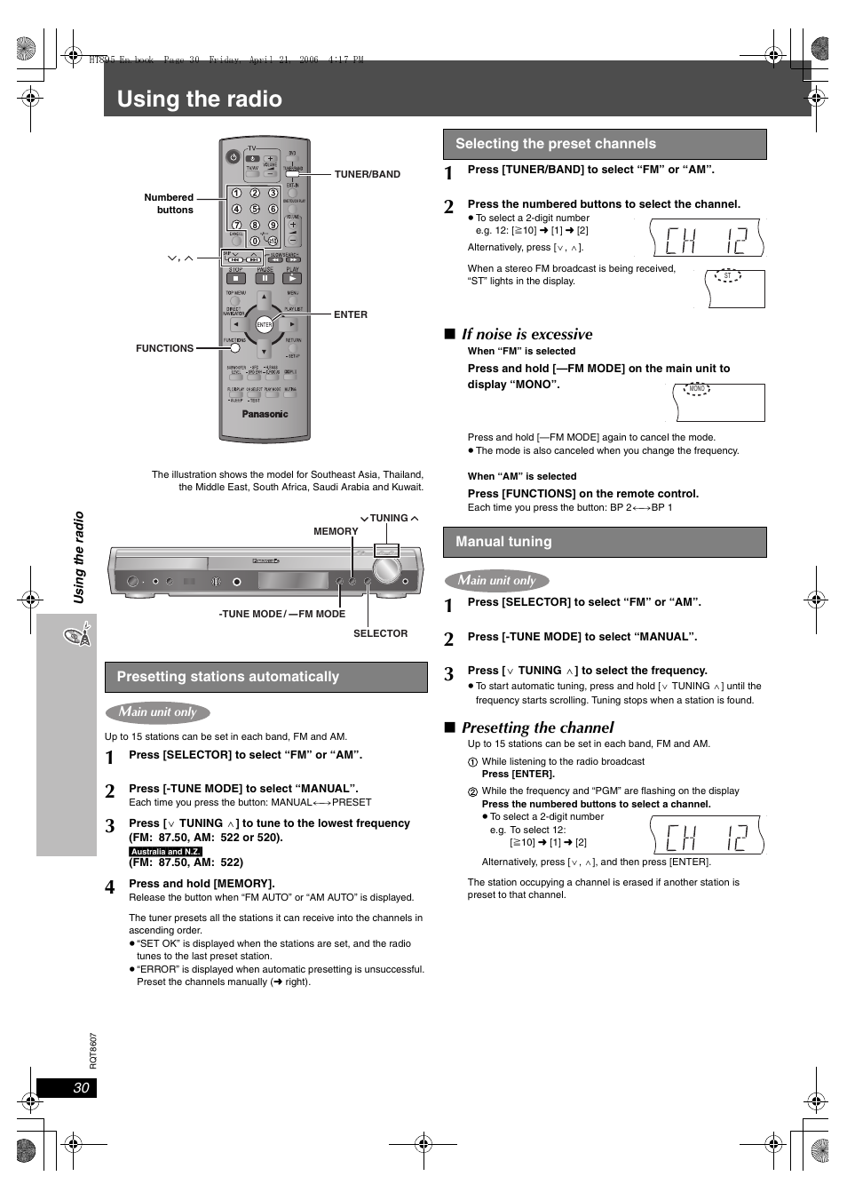 Using the radio, If noise is excessive, Presetting the channel | Panasonic SC-HT895 User Manual | Page 30 / 44