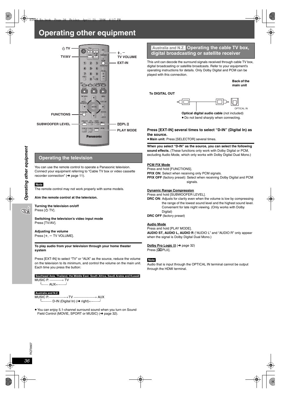 Operating other equipment, Operating the television | Panasonic SC-HT895 User Manual | Page 36 / 44