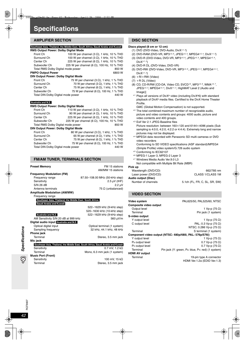 Specifications, Sp eci fica tions | Panasonic SC-HT895 User Manual | Page 42 / 44