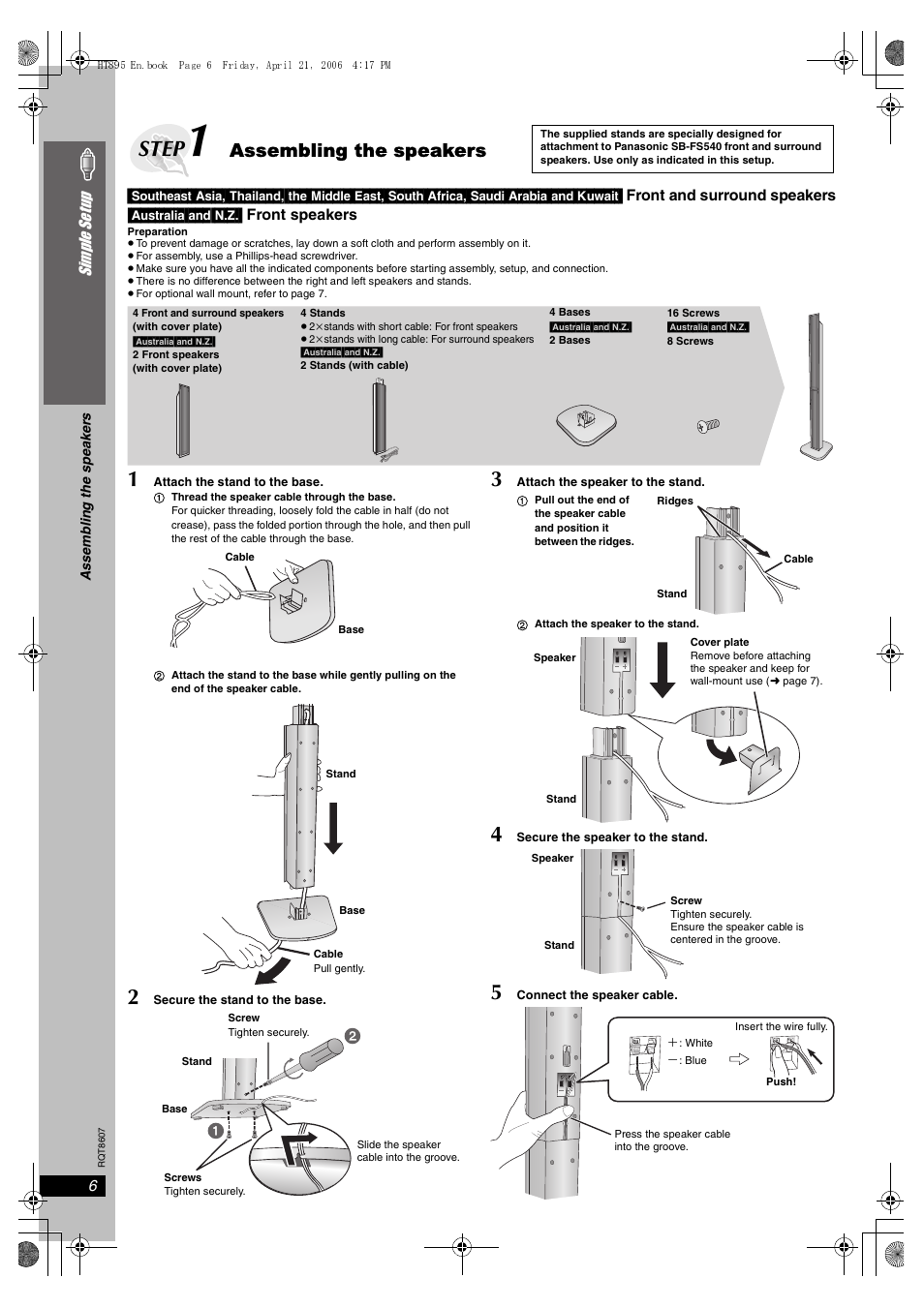 Step, Assembling the speakers | Panasonic SC-HT895 User Manual | Page 6 / 44