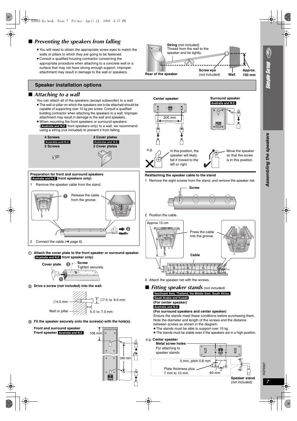 Preventing the speakers from falling, Attaching to a wall, Fitting speaker stands | 7simple se tu p | Panasonic SC-HT895 User Manual | Page 7 / 44