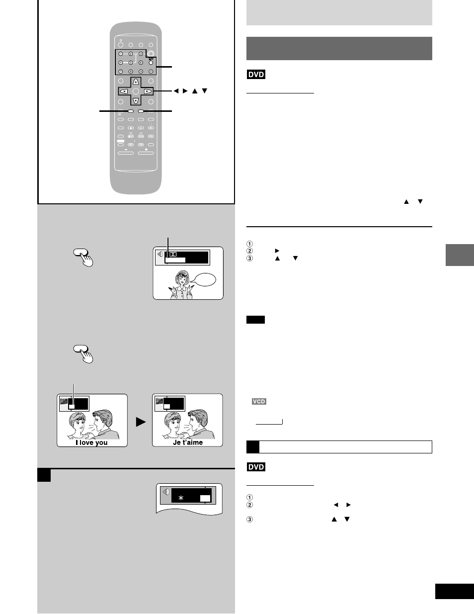 Changing soundtrack and subtitle languages, Press [audio] during play, Press [sub title] during play | Disc operations, Discs, Audio sub title numbered buttons ; , : , 8 , 9, Remote control only, For your reference | Panasonic SC-DK20 User Manual | Page 19 / 64