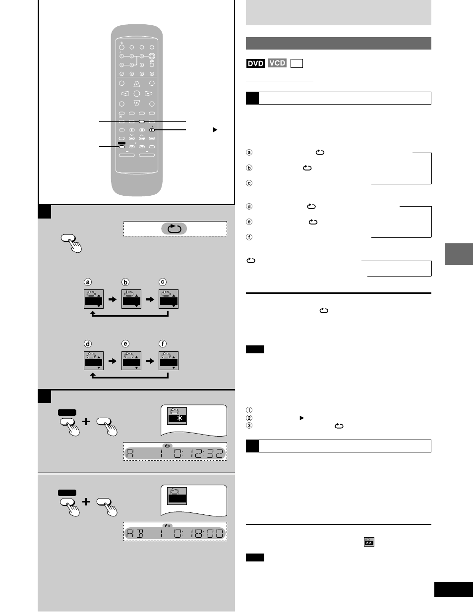 Other methods of disc play, Repeat function, Press [repeat] during play | Disc operations, Dvd/cd : a-b repeat, Repeat shift, A¤ ab c t off, Tg off, Remote control only repeat play | Panasonic SC-DK20 User Manual | Page 21 / 64