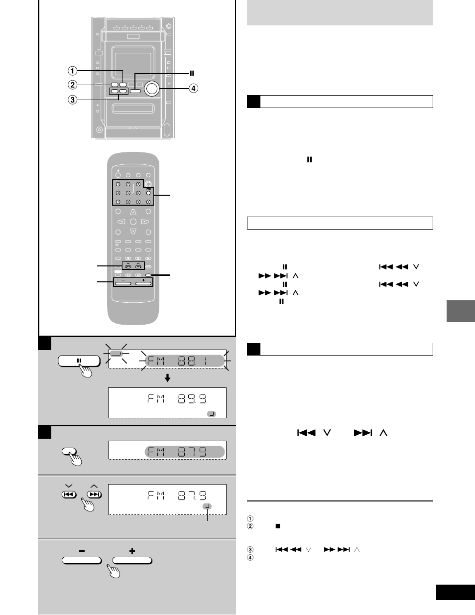 The radio: preset tuning, Press [tuner] to select “fm” or “am, Press [ g , 3 ] or [ f , 4 ] to select the channel | Adjust the volume, Radio operations, Remote control, Numbered buttons, Automatic presetting, Manual presetting, Selecting channels | Panasonic SC-DK20 User Manual | Page 29 / 64