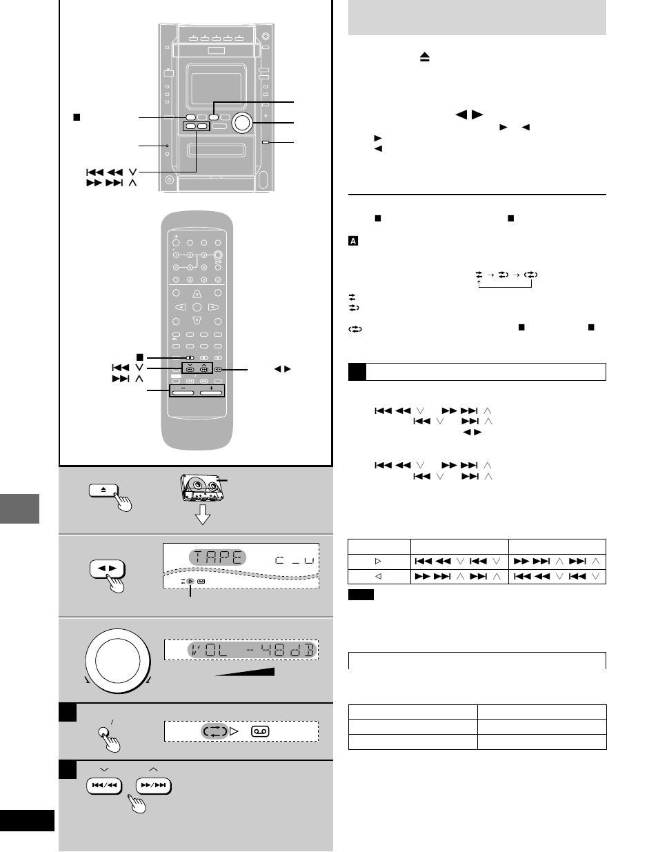 Tape operation, Cassette tapes, Press [ c open] and insert the cas- sette | Press [tape / - ] to start play, Adjust the volume, Tape operations, G, 3 f , 4 l – volume + tape, Ato select the reverse mode, Cassette tape selection and care | Panasonic SC-DK20 User Manual | Page 30 / 64
