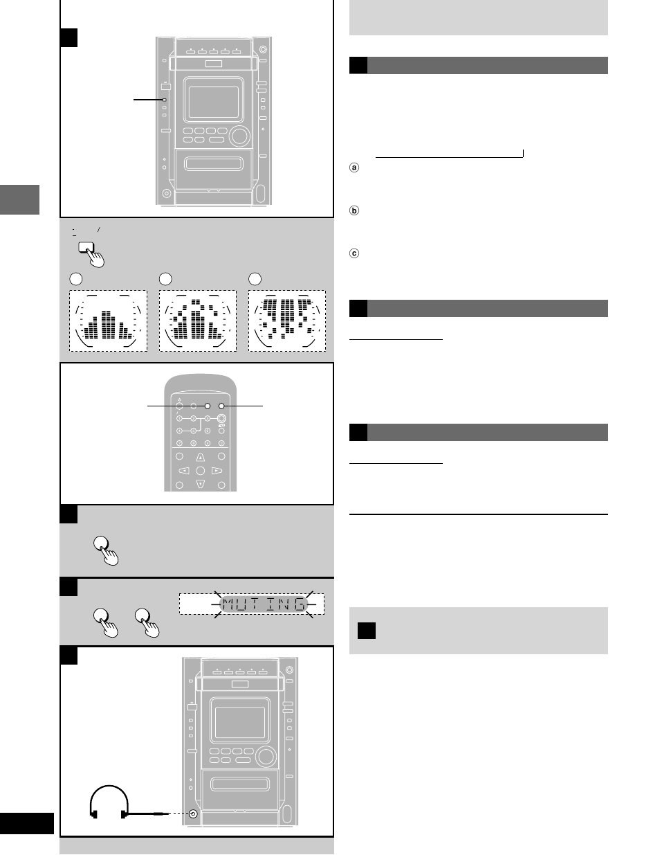 Convenient functions, Using headphones (not included), Changing the sound range display | Press [-display/–demo, Dimming the display, Press [dimmer, Muting the volume, Press [muting, Reduce the volume before connection, Ab c d | Panasonic SC-DK20 User Manual | Page 46 / 64