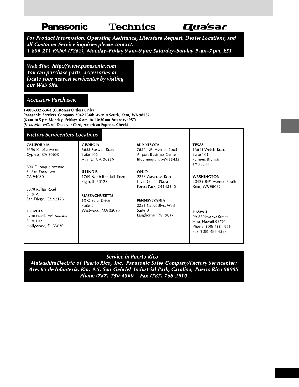 Servicenter list (only for u.s.a.) | Panasonic SC-DK20 User Manual | Page 59 / 64