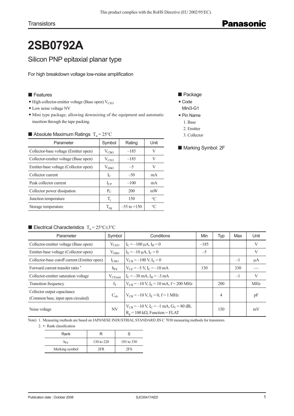 Panasonic 2SB0792A User Manual | 4 pages