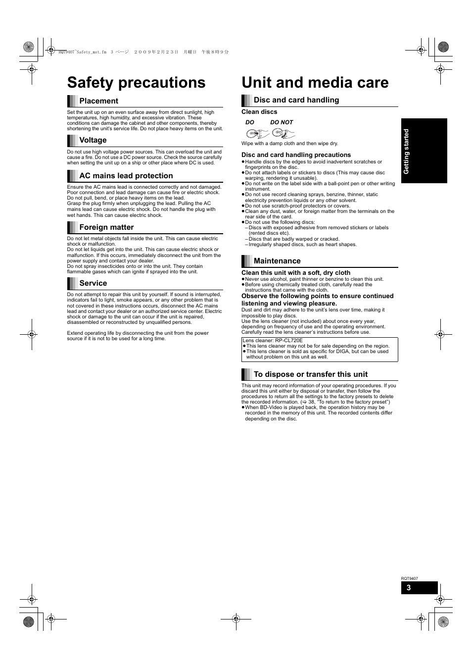 Safety precautions, Unit and media care | Panasonic DMP-BD80GN User Manual | Page 3 / 44
