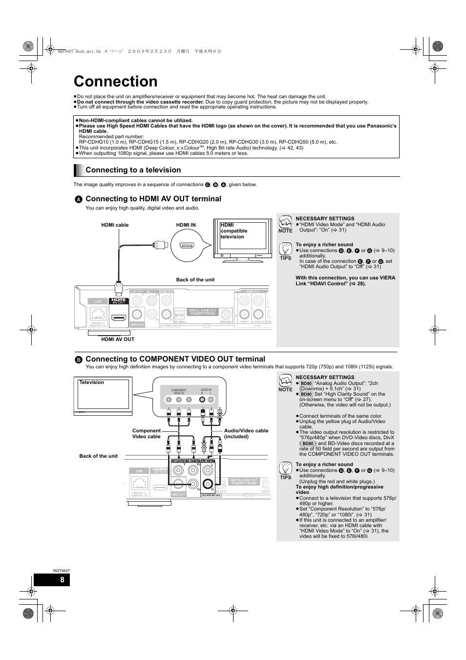 Connection, B connecting to component video out terminal | Panasonic DMP-BD80GN User Manual | Page 8 / 44