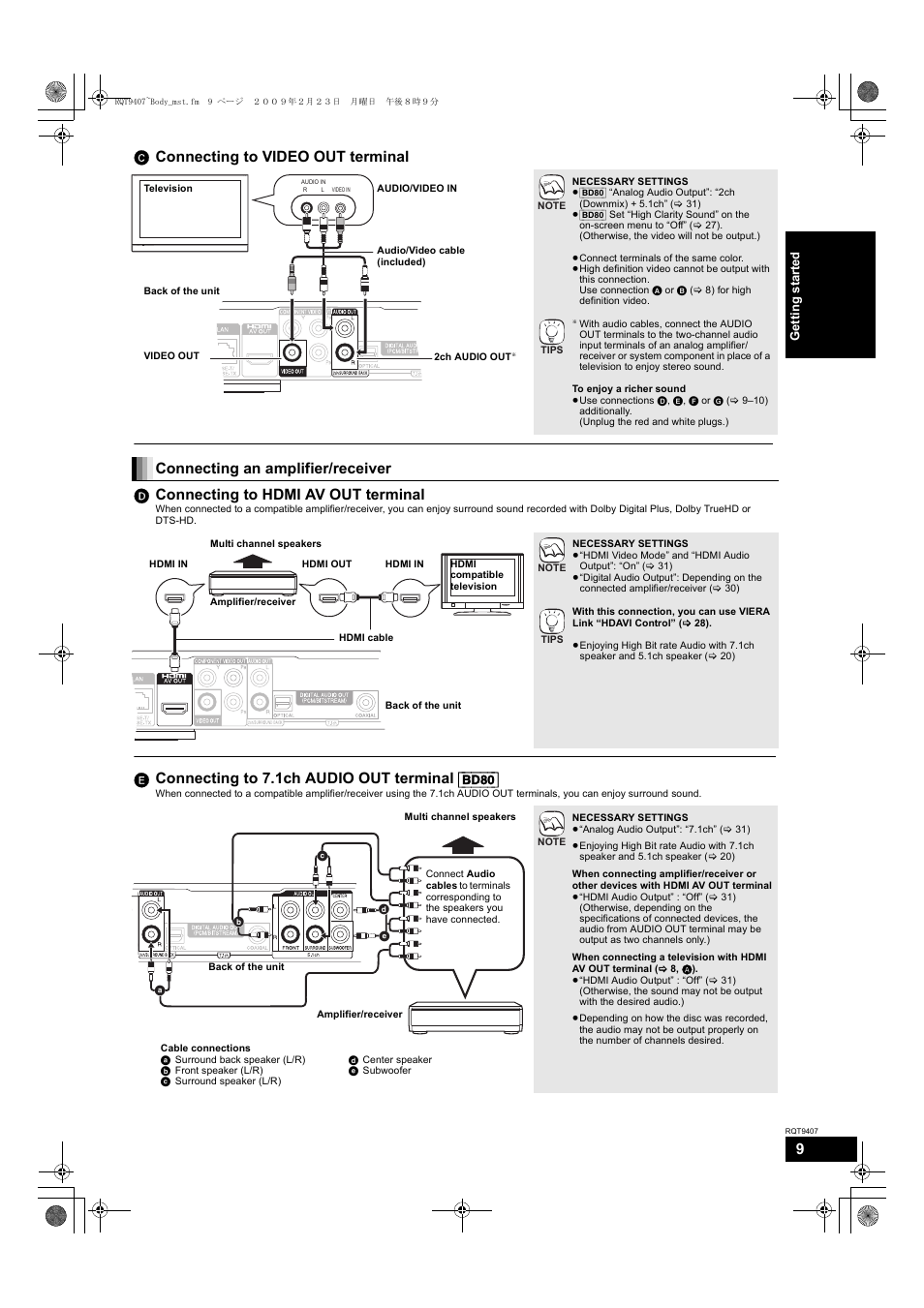C connecting to video out terminal, E connecting to 7.1ch audio out terminal [bd80 | Panasonic DMP-BD80GN User Manual | Page 9 / 44