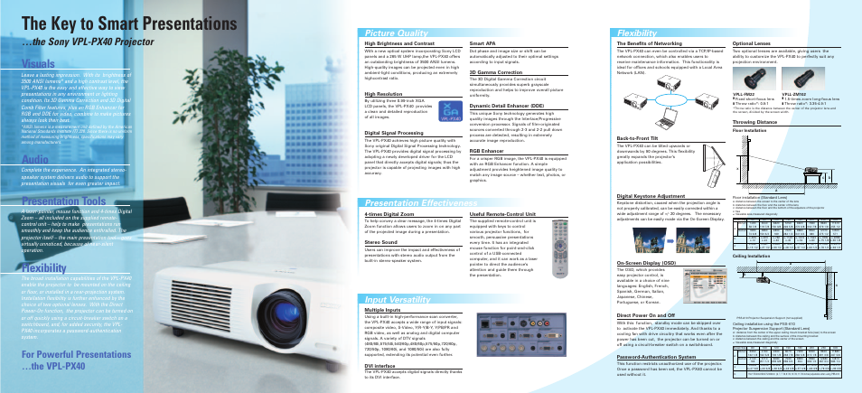 The key to smart presentations, Visuals audio presentation tools flexibility, The sony vpl-px40 projector | For powerful presentations …the vpl-px40, High brightness and contrast, High resolution, Digital signal processing, Smart apa, 3d gamma correction, Dynamic detail enhancer (dde) | Panasonic VPL-PX40 User Manual | Page 2 / 6