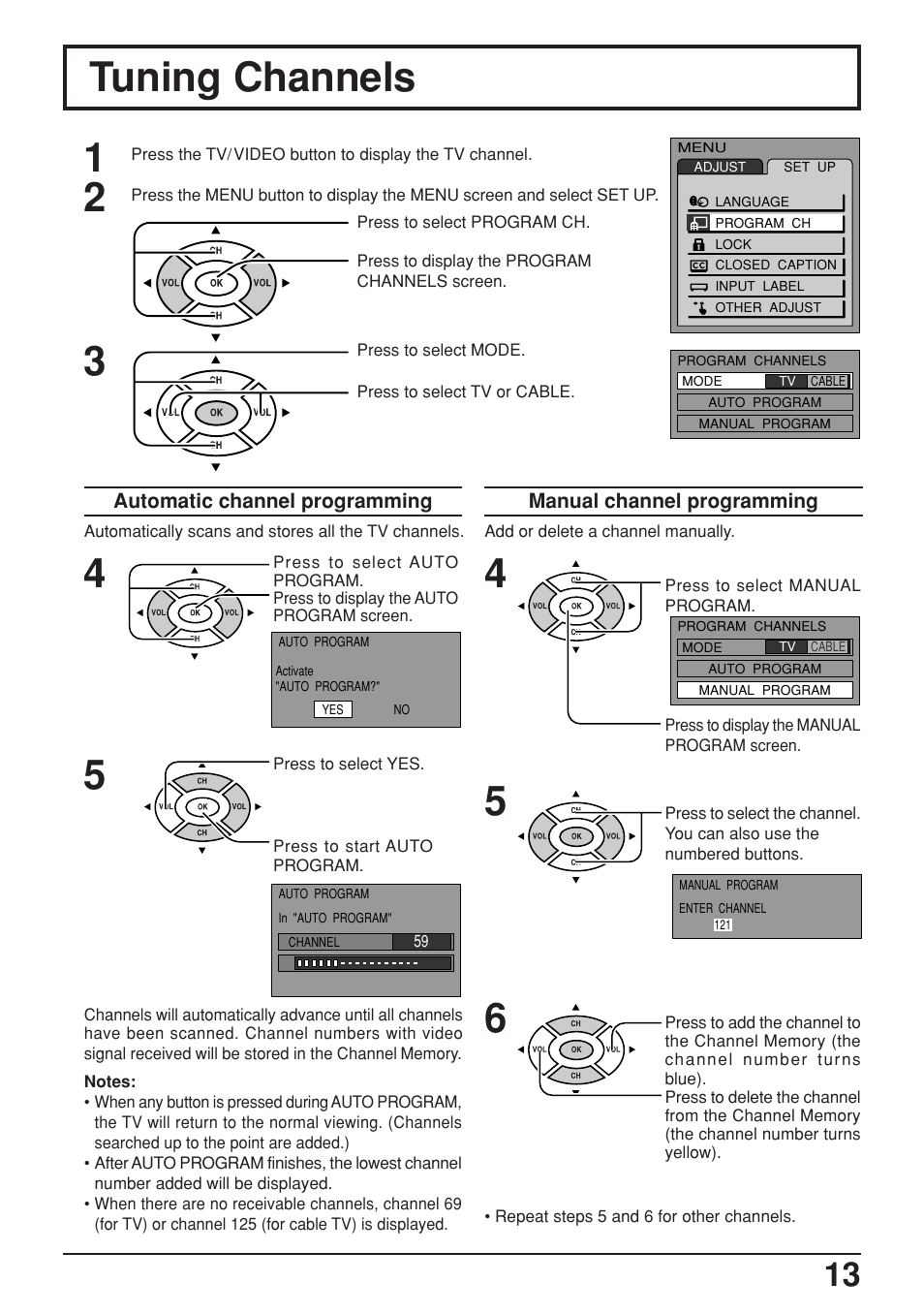 Tuning channels | Panasonic TC-17LA2D User Manual | Page 13 / 32