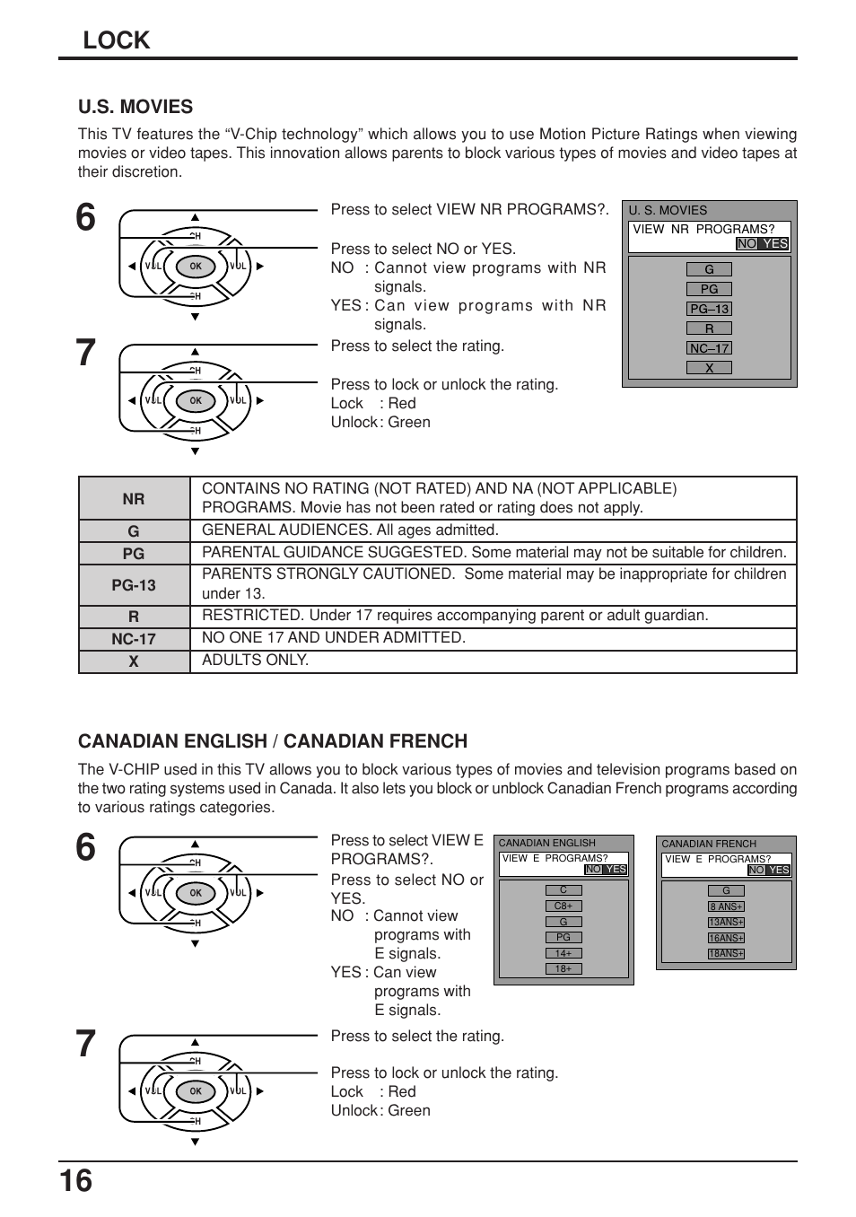 Lock, U.s. movies, Canadian english / canadian french | Panasonic TC-17LA2D User Manual | Page 16 / 32