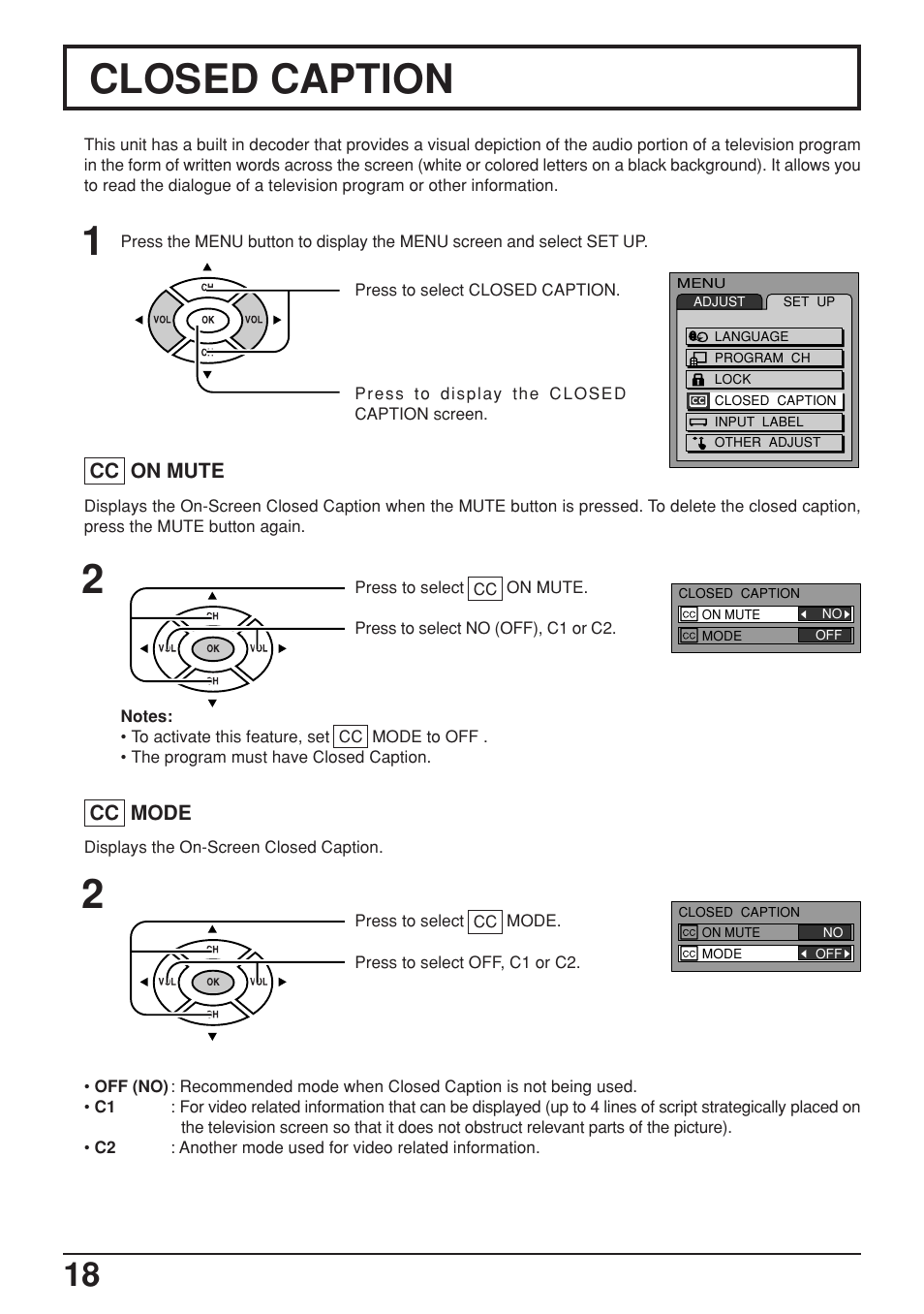 Closed caption | Panasonic TC-17LA2D User Manual | Page 18 / 32