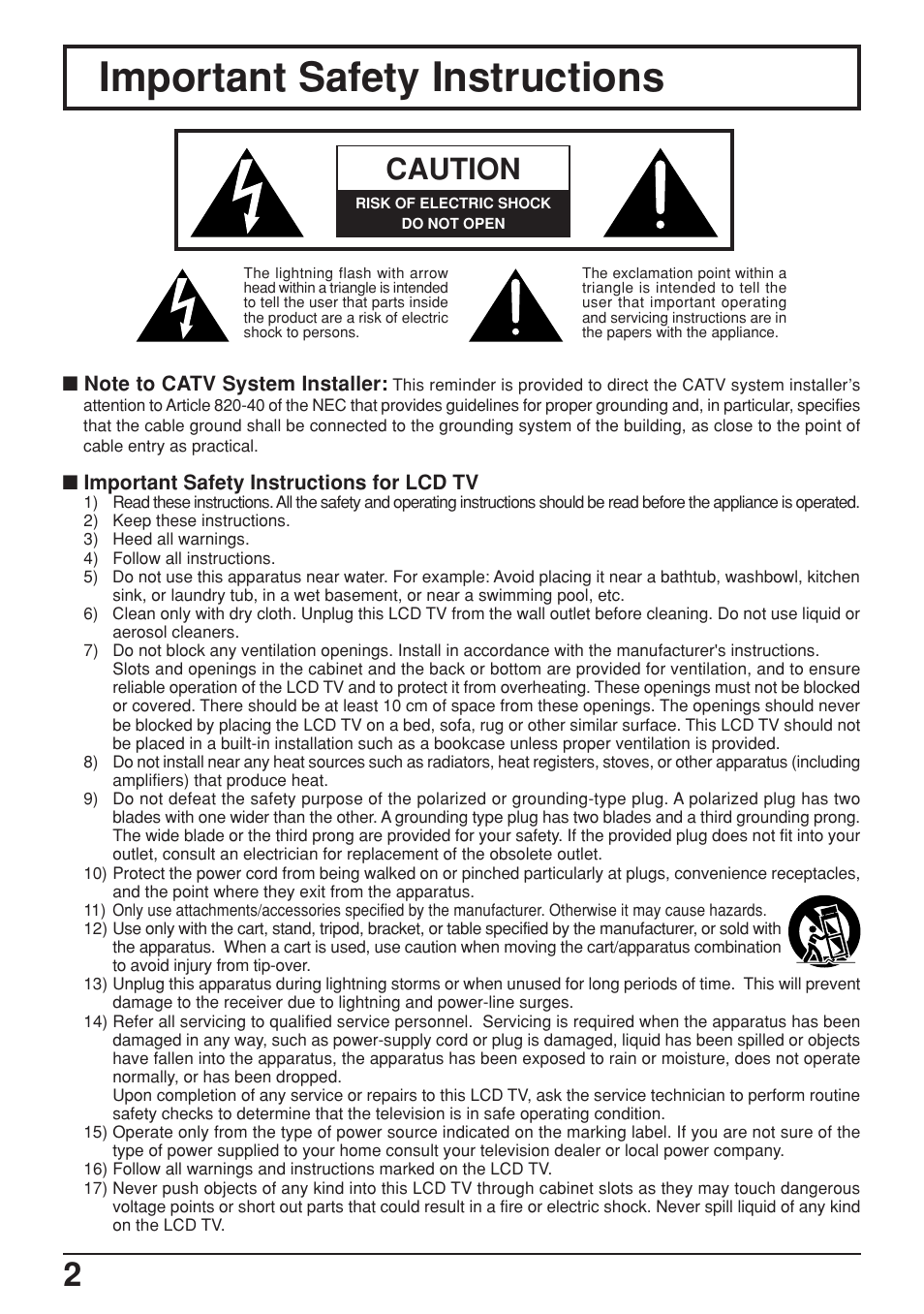 Important safety instructions, Caution | Panasonic TC-17LA2D User Manual | Page 2 / 32