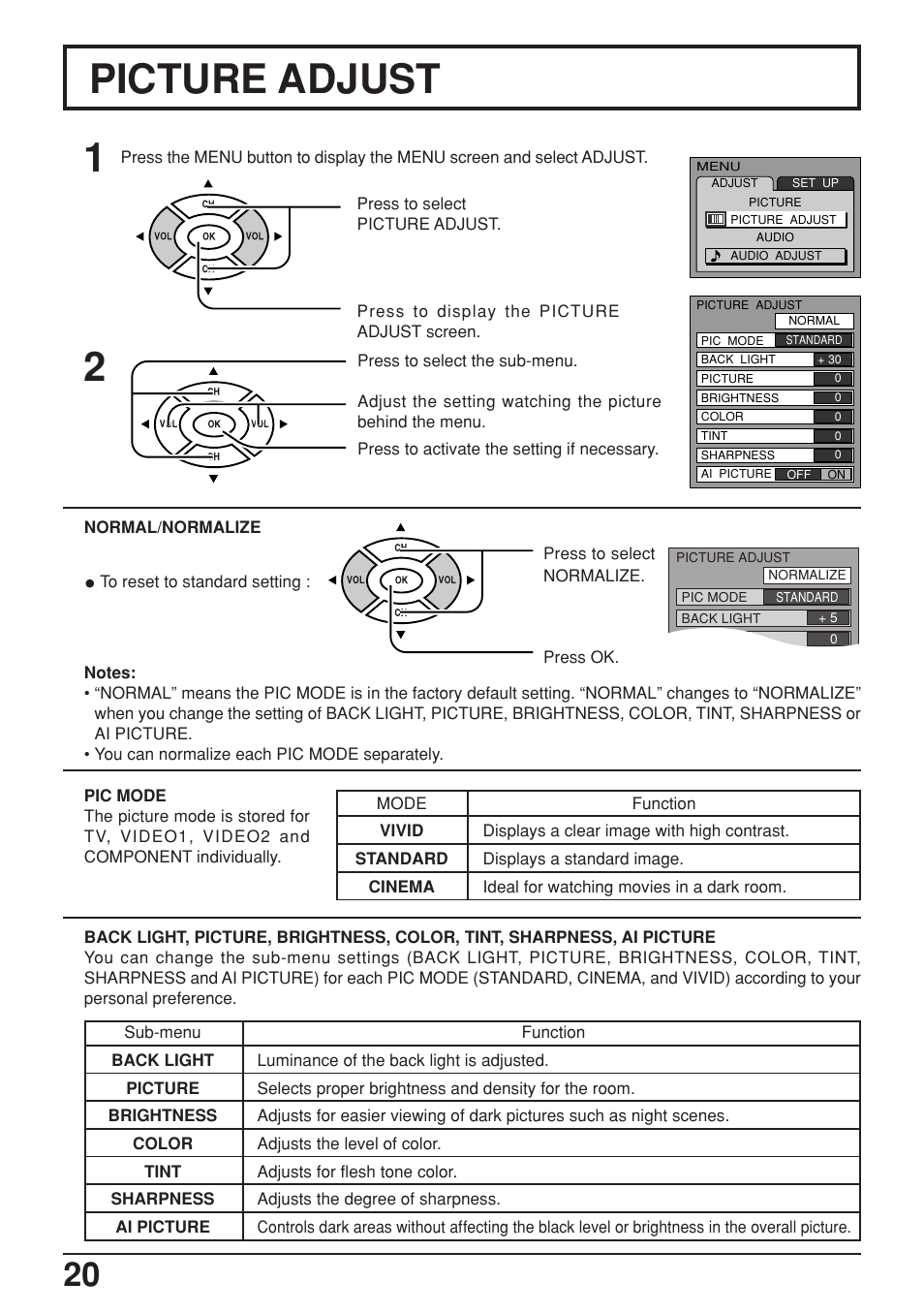 Picture adjust, Picture adjust 1 2 | Panasonic TC-17LA2D User Manual | Page 20 / 32