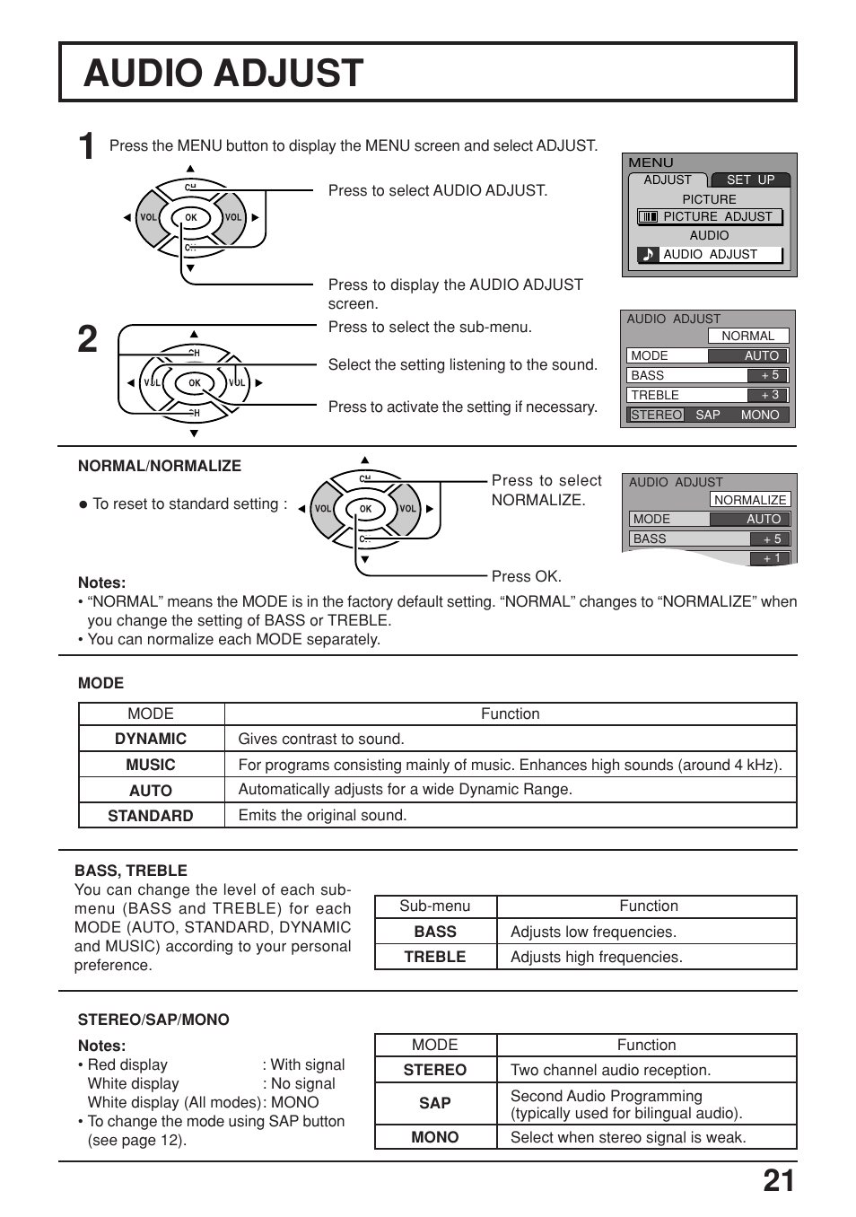 Audio adjust, Audio adjust 1 2 | Panasonic TC-17LA2D User Manual | Page 21 / 32