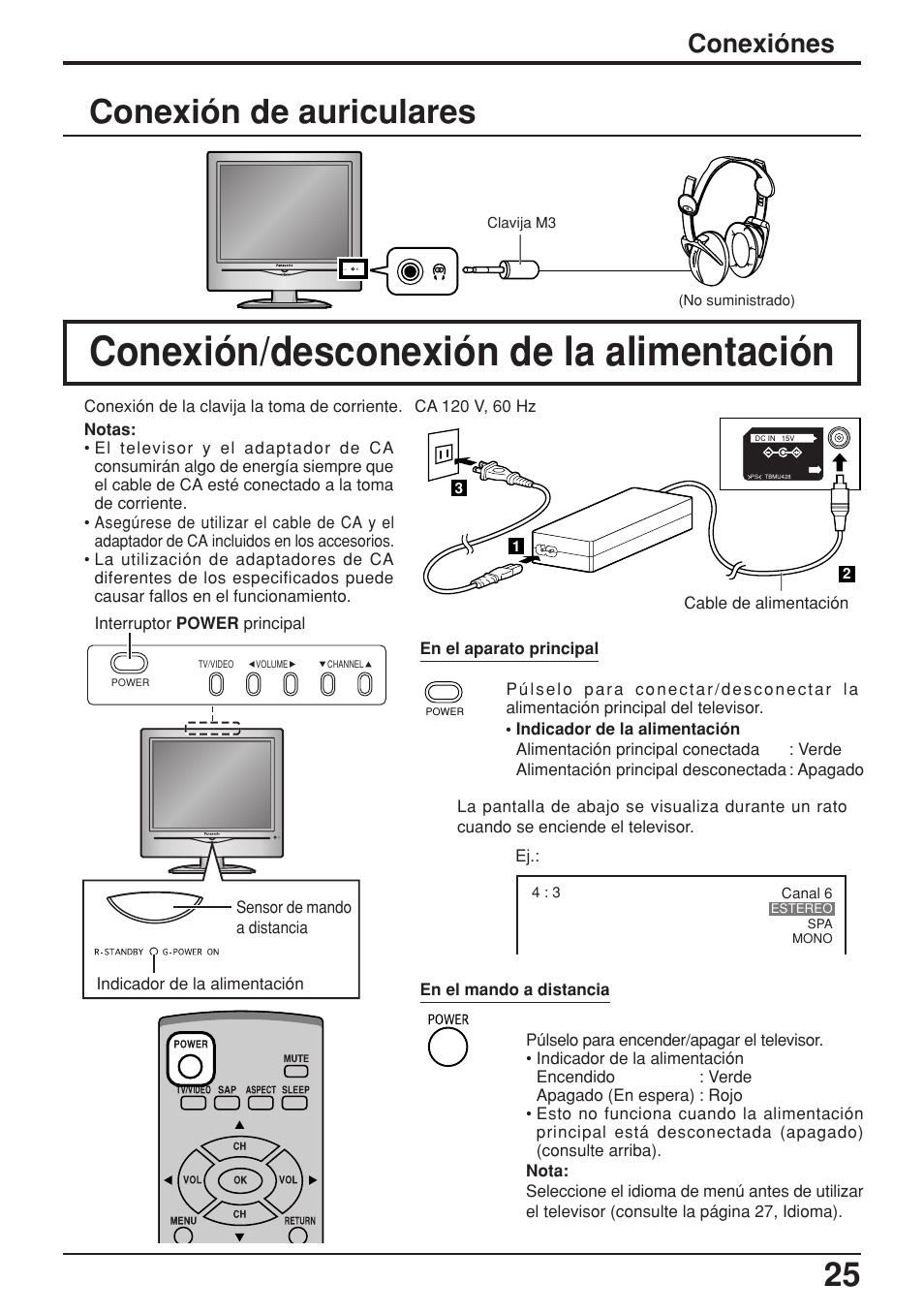 Conexion de auriculares, Conexion / desconexion de la alimentacion, Conexión/desconexión de la alimentación | Conexión de auriculares, Conexiónes | Panasonic TC-17LA2D User Manual | Page 25 / 32
