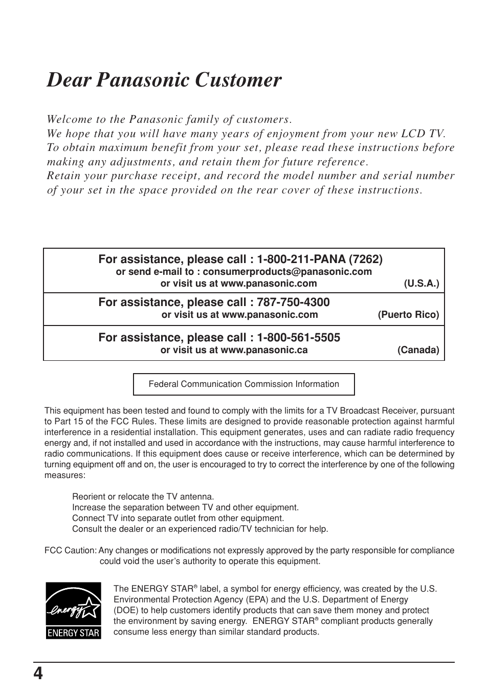Dear panasonic customer | Panasonic TC-17LA2D User Manual | Page 4 / 32