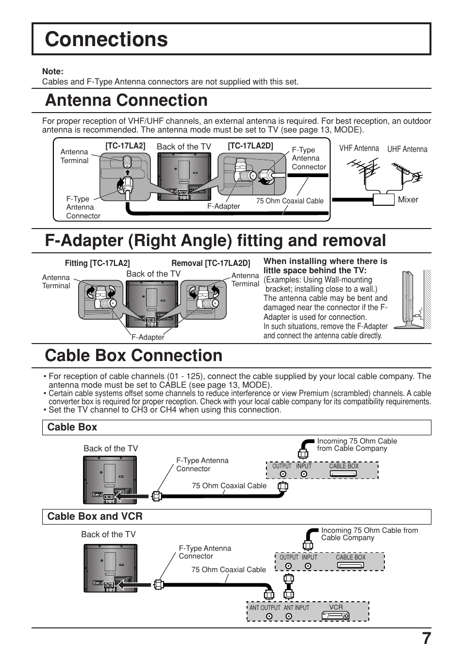 Connections, Antenna connection, F-adapter ( right angle ) fitting and removel | Cable box connection, F-adapter (right angle) fitting and removal, Cable box and vcr, Cable box | Panasonic TC-17LA2D User Manual | Page 7 / 32