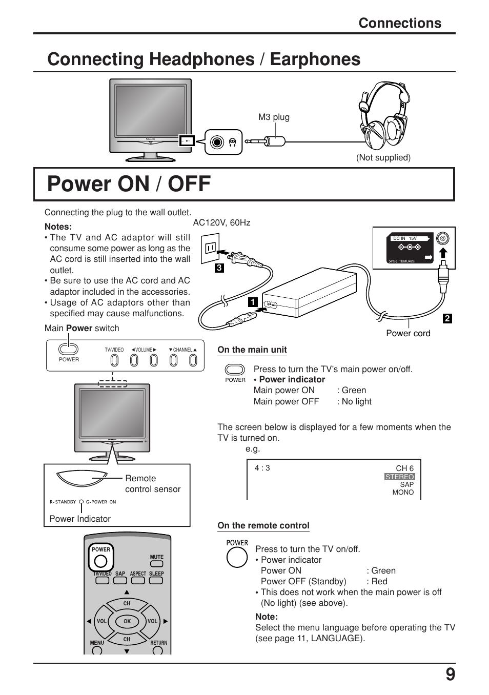 Connecting headphones / earphones, Power on / off, Connections | Panasonic TC-17LA2D User Manual | Page 9 / 32