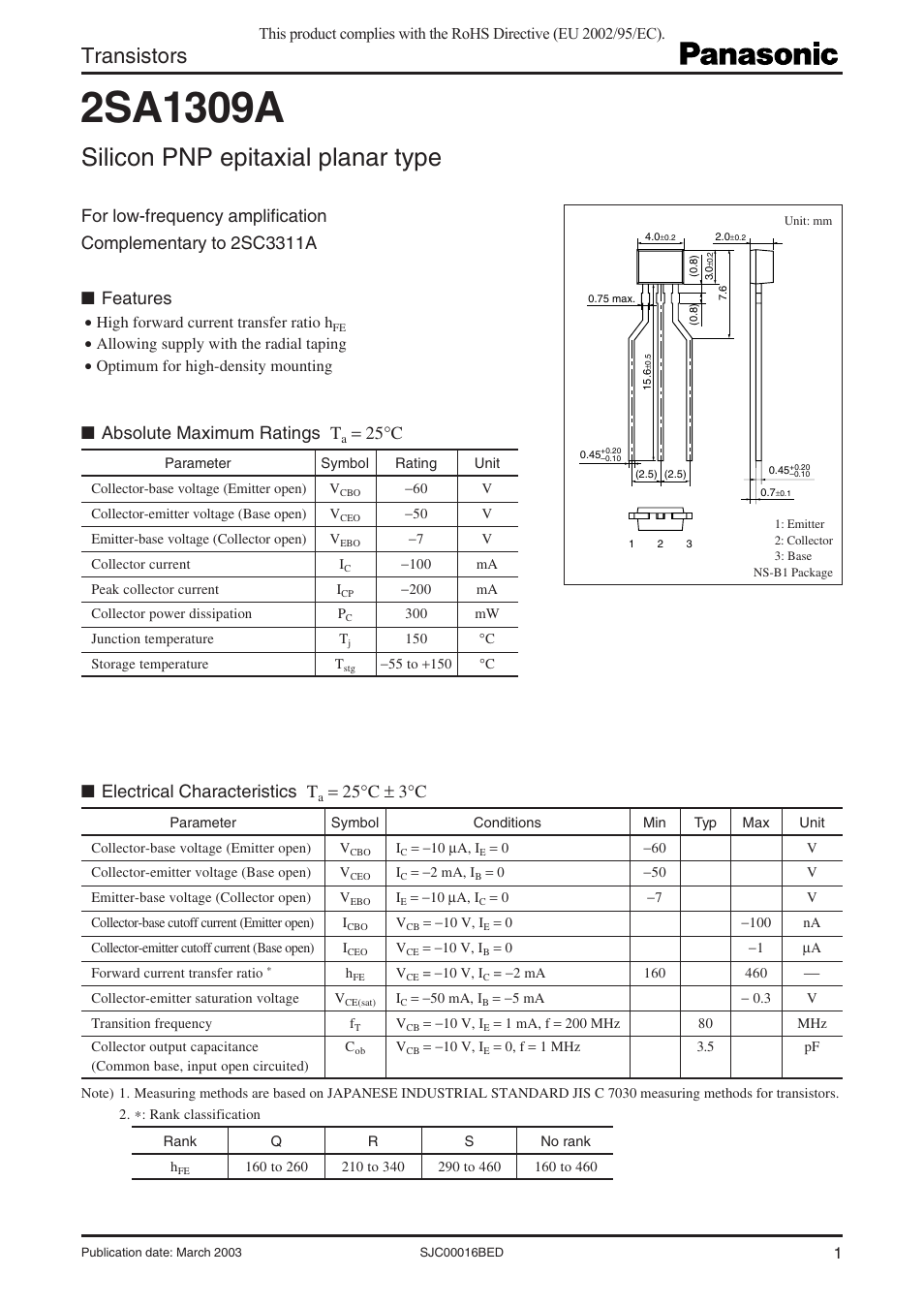 Panasonic 2SA1309A User Manual | 3 pages