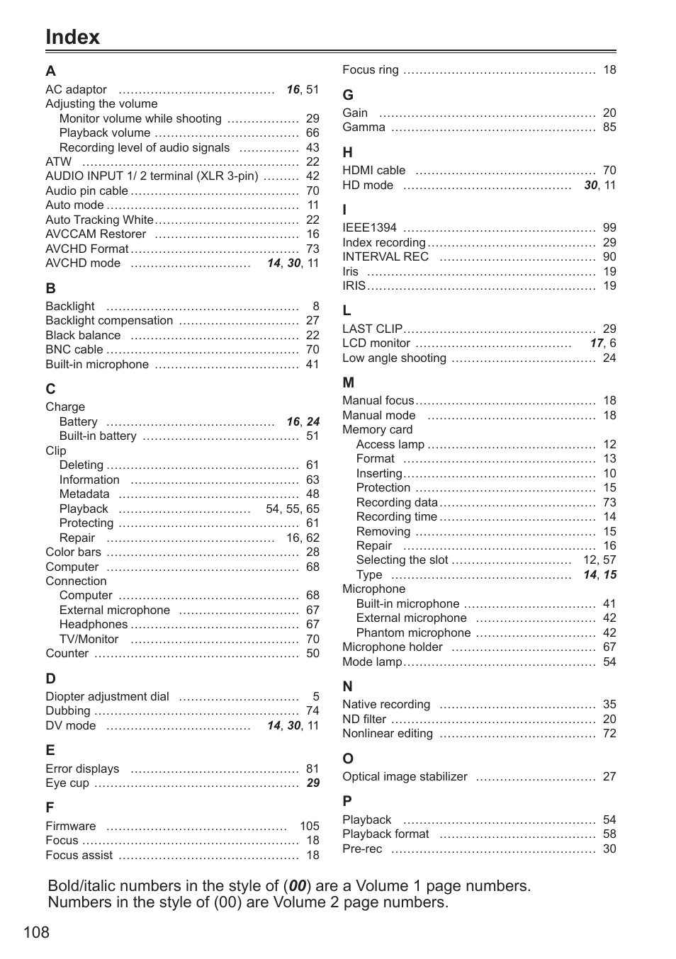 Index | Panasonic AG-AC160AEN User Manual | Page 108 / 110