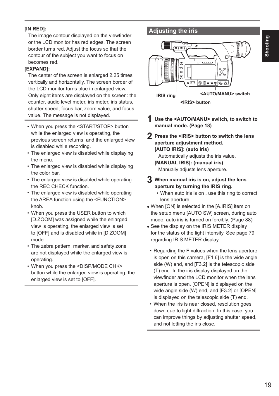 Adjusting the iris | Panasonic AG-AC160AEN User Manual | Page 19 / 110