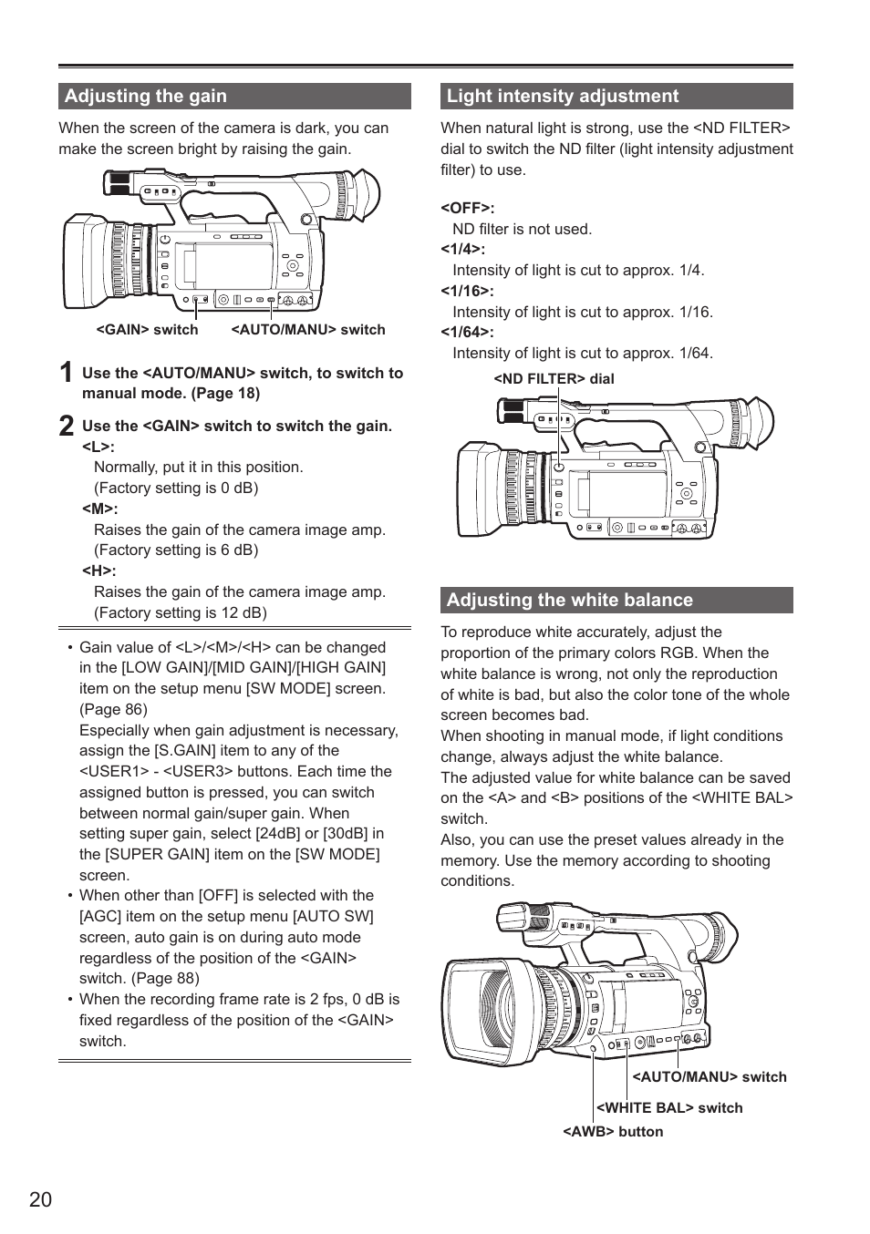 Adjusting the gain, Light intensity adjustment, Adjusting the white balance | Panasonic AG-AC160AEN User Manual | Page 20 / 110