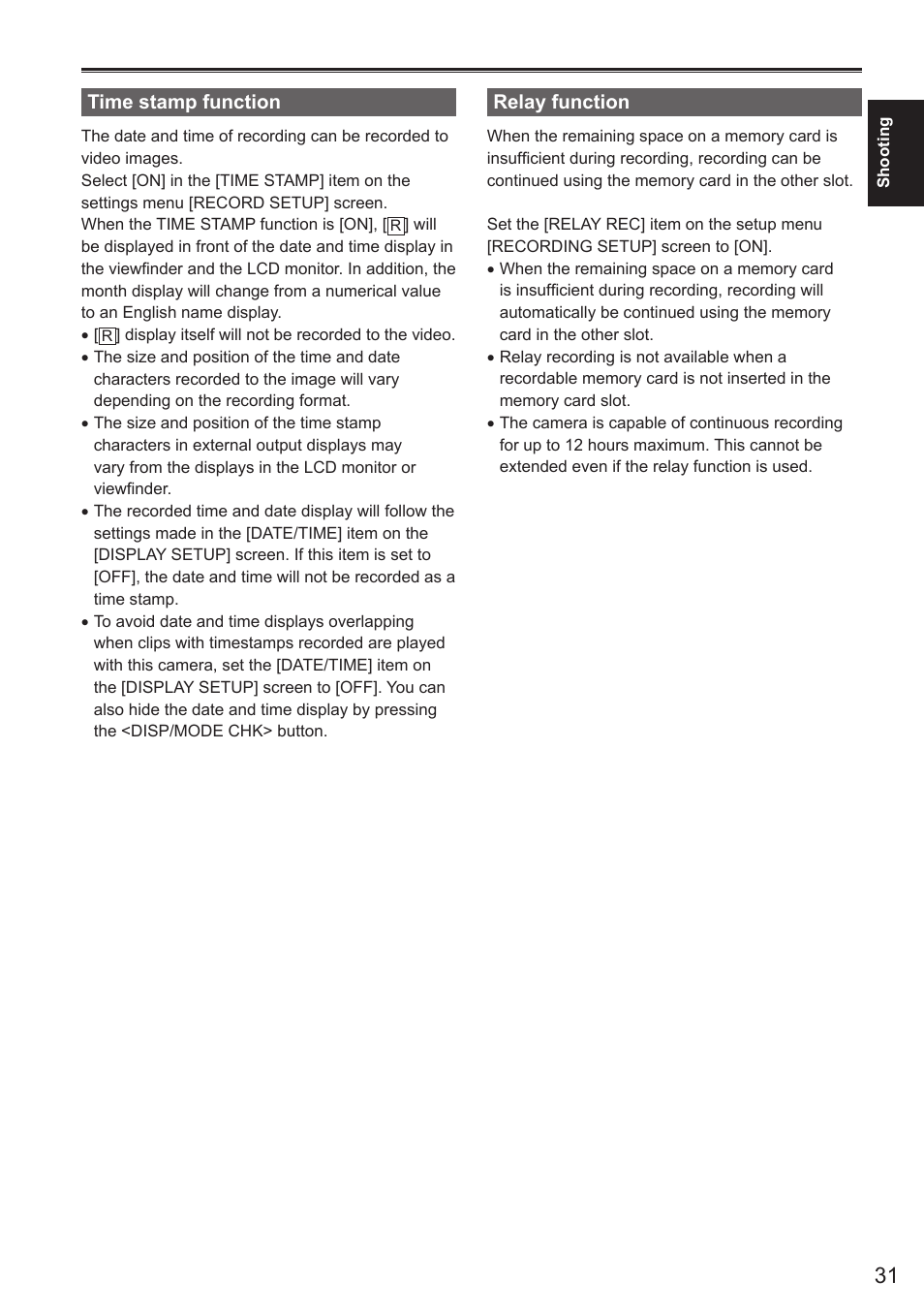 Time stamp function, Relay function, Time stamp function relay function | Panasonic AG-AC160AEN User Manual | Page 31 / 110