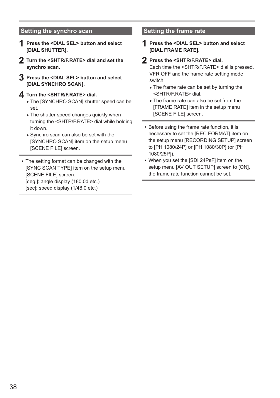 Setting the synchro scan, Setting the frame rate, Setting the synchro scan setting the frame rate | Panasonic AG-AC160AEN User Manual | Page 38 / 110