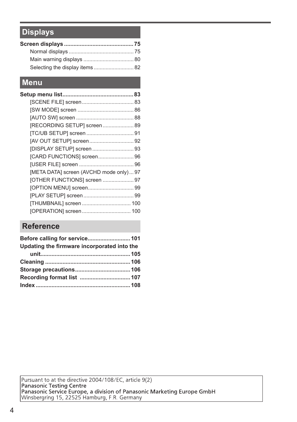 Displays, Menu, Reference | Panasonic AG-AC160AEN User Manual | Page 4 / 110