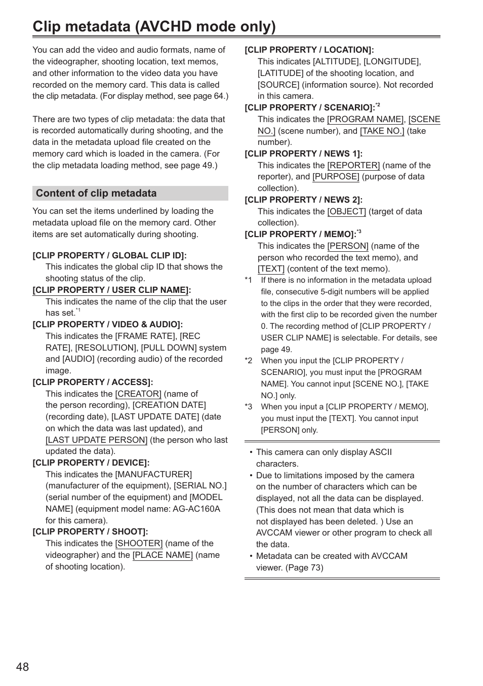 Clip metadata (avchd mode only) | Panasonic AG-AC160AEN User Manual | Page 48 / 110