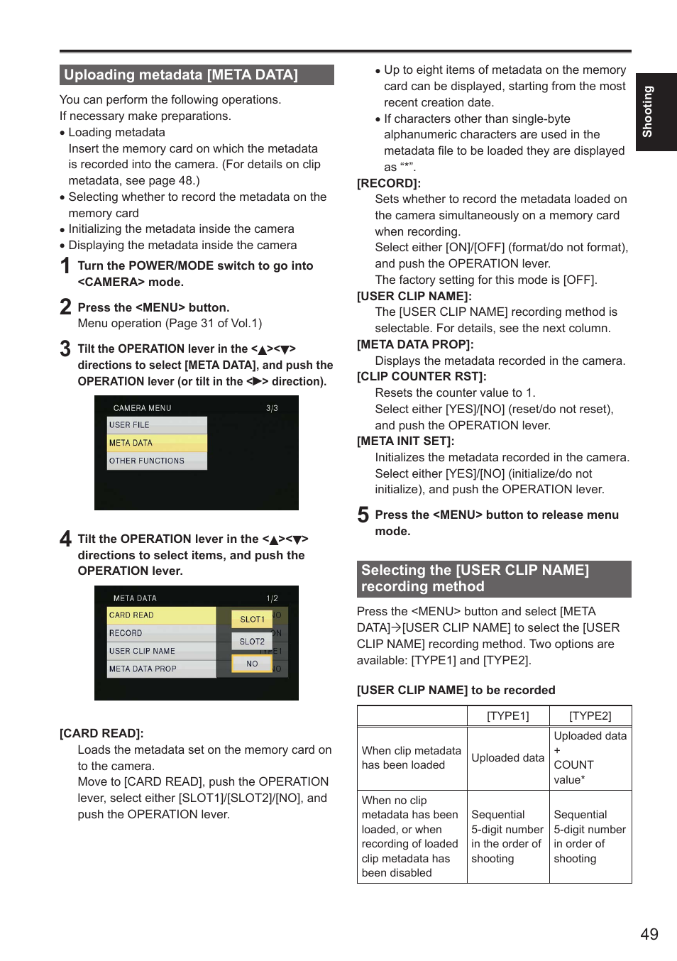 Uploading metadata [meta data, Selecting the [user clip name] recording method, Recording method | Panasonic AG-AC160AEN User Manual | Page 49 / 110