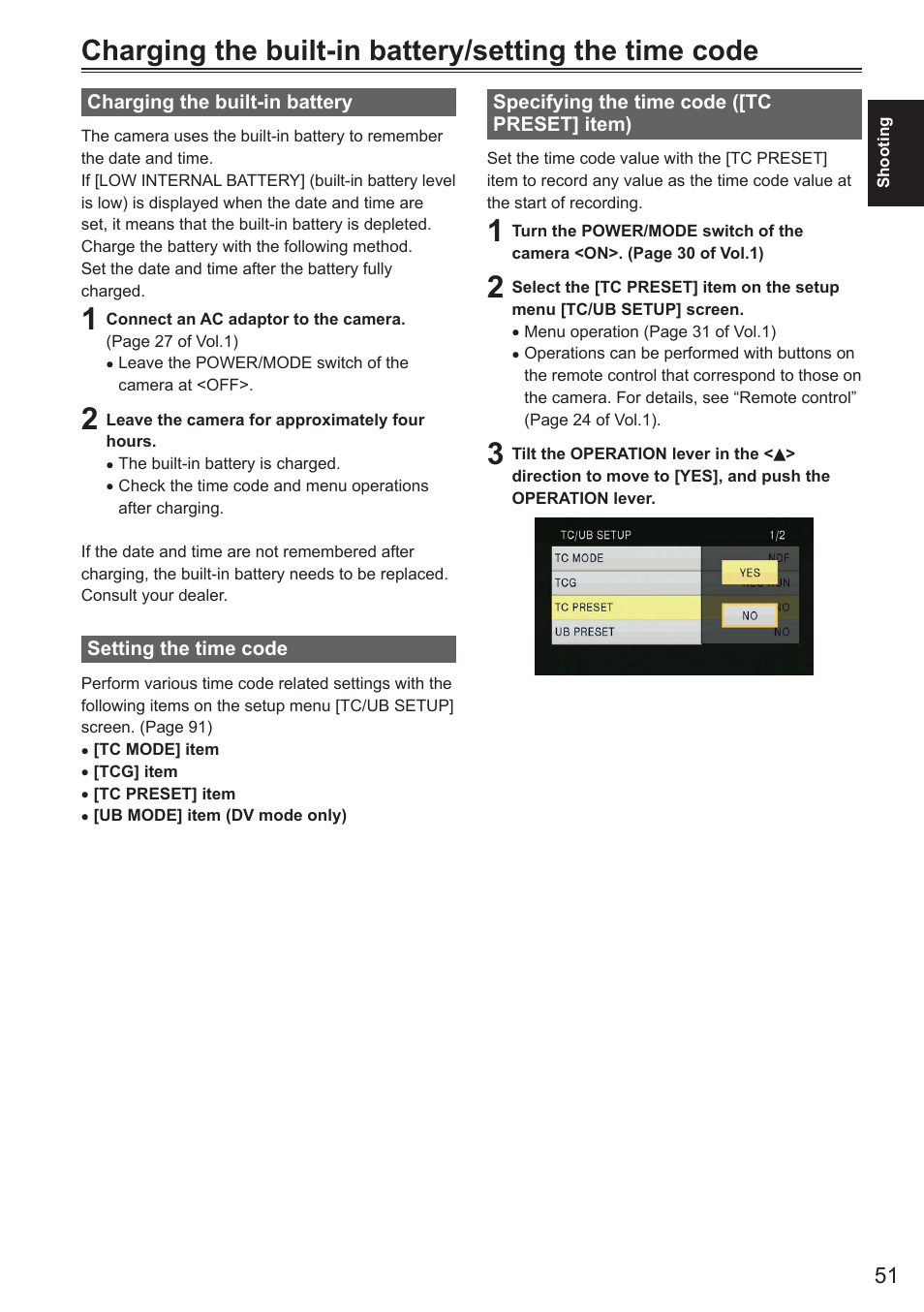 Charging the built-in battery, Setting the time code, Specifying the time code ([tcp reset] item) | Charging the built-in battery/setting the time, Code, Item) | Panasonic AG-AC160AEN User Manual | Page 51 / 110