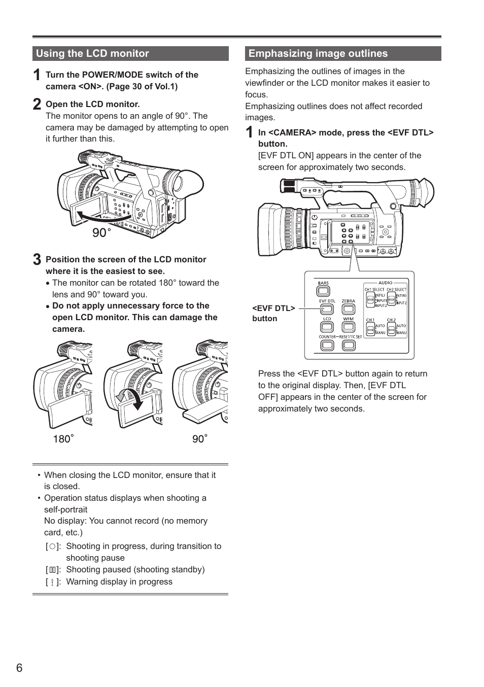 Using the lcd monitor, Emphasizing image outlines, Using the lcd monitor emphasizing image outlines | Panasonic AG-AC160AEN User Manual | Page 6 / 110